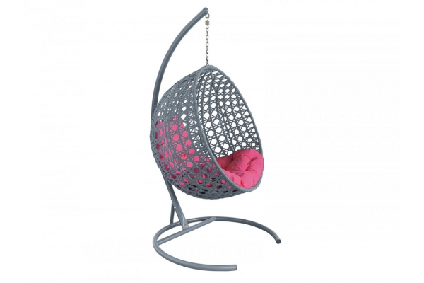 Подвесное кресло Кокон Круглый Люкс ротанг каркас серый-подушка розовая