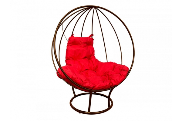 Кресло Кокон Круглый на подставке каркас коричневый-подушка красная