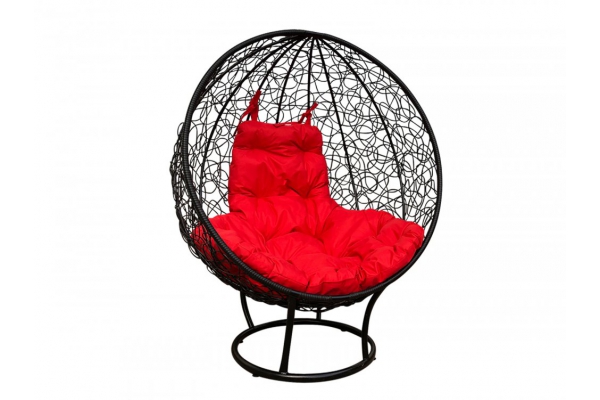 Кресло Кокон Круглый на подставке ротанг каркас чёрный-подушка красная