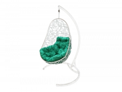Подвесное кресло Кокон Овал ротанг каркас белый-подушка зелёная