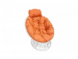Кресло Папасан мини с ротангом каркас белый-подушка оранжевая