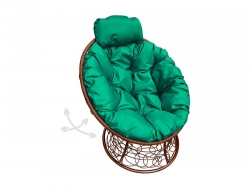 Кресло Папасан пружинка мини с ротангом каркас коричневый-подушка зелёная