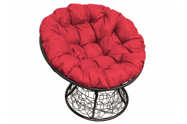 Кресло Папасан с ротангом каркас чёрный-подушка красная
