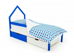 Кровать-домик мини Svogen ящики и бортик сине-белый