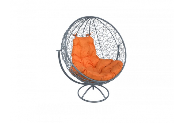 Кресло Кокон Круглый вращающийся ротанг каркас серый-подушка оранжевая